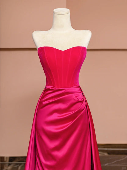Vibrant Strapless Sheath Evening Gowns Floor Length Pleated Satin Prom Dress AP2351