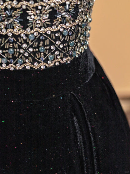 Romantic Square Neck A-Line Black Formal Dresses Sequins Beading Prom Dress AP2352