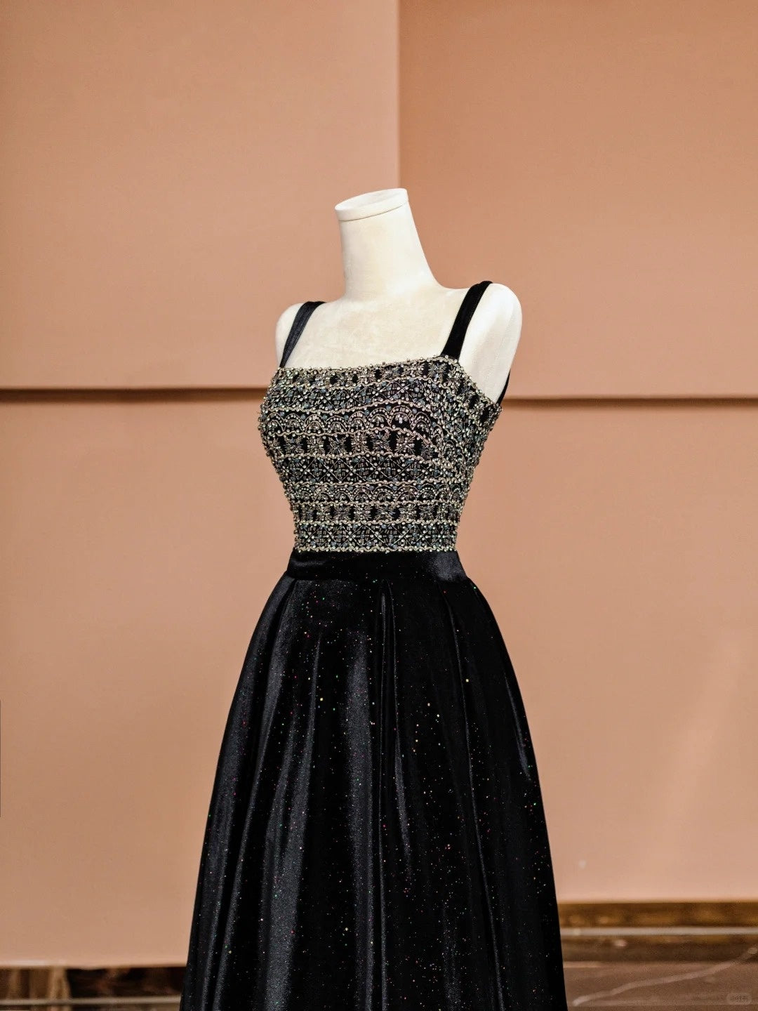 Romantic Square Neck A-Line Black Formal Dresses Sequins Beading Prom Dress AP2352