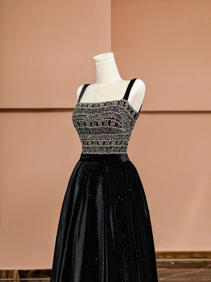 Romantic Square Neck A-Line Black Formal Dresses Sequins Beading Prom Dress AP2352