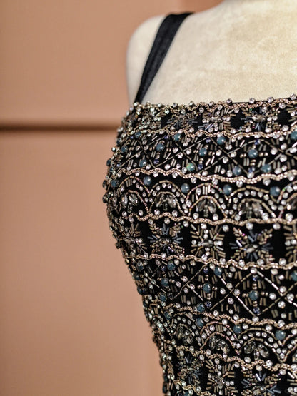 Romantic Square Neck A-Line Black Formal Dresses Sequins Beading Prom Dress AP2352