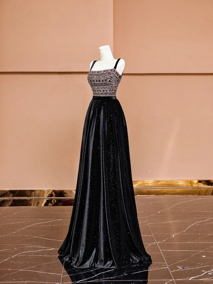 Romantic Square Neck A-Line Black Formal Dresses Sequins Beading Prom Dress AP2352