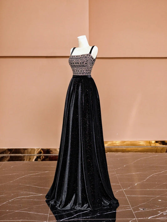 Romantic Square Neck A-Line Black Formal Dresses Sequins Beading Prom Dress AP2352