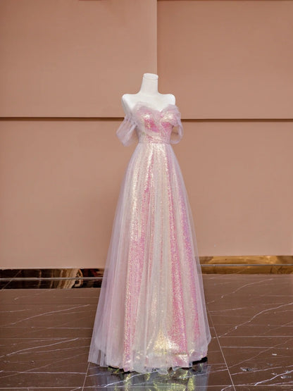 Sweet A-line Off-Shoulder Evening Gowns Sequin Tulle Pink Prom Dress AP2353