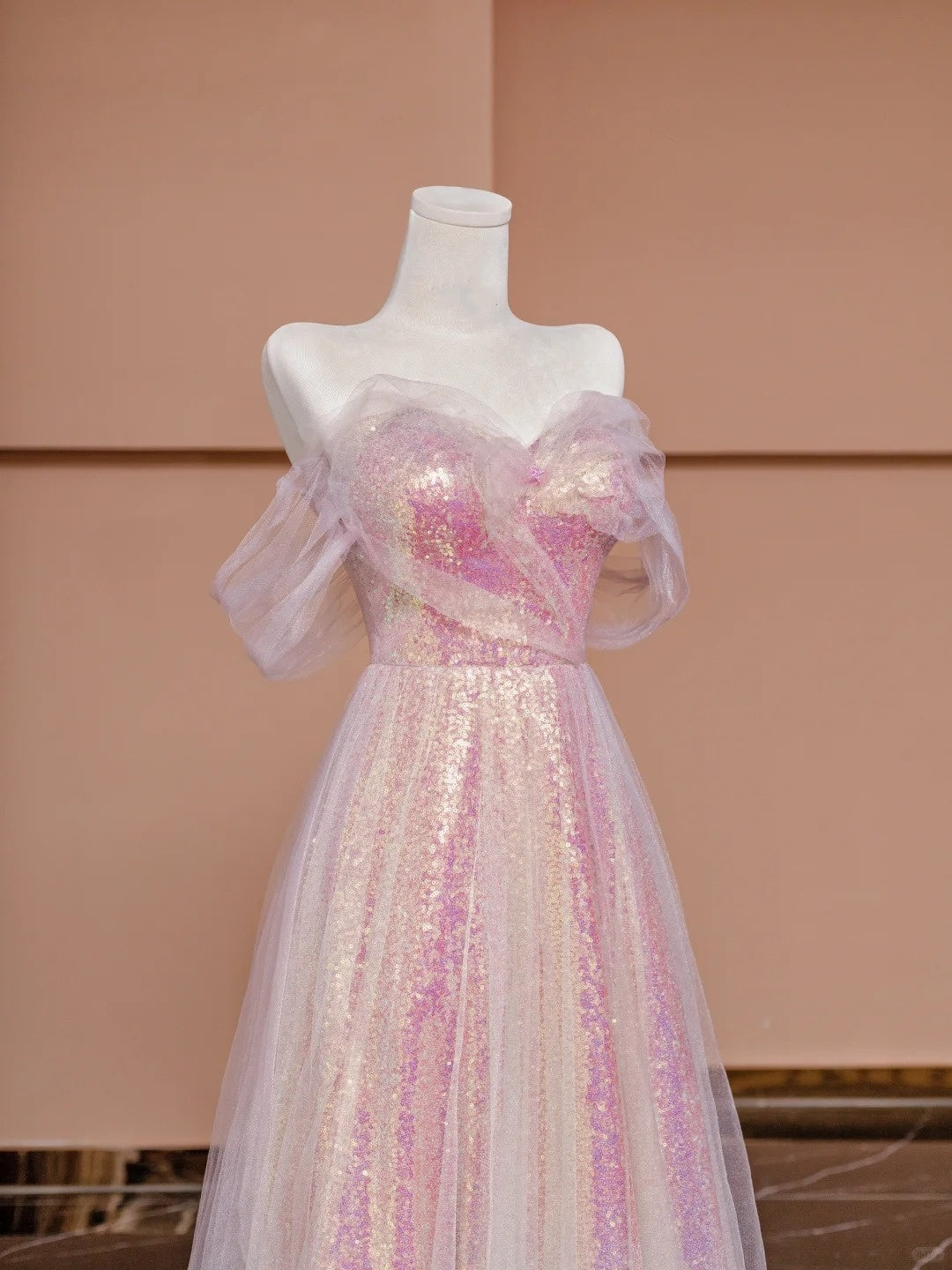 Sweet A-line Off-Shoulder Evening Gowns Sequin Tulle Pink Prom Dress AP2353