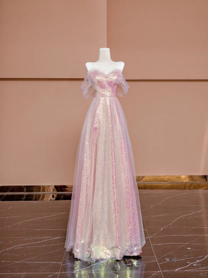Sweet A-line Off-Shoulder Evening Gowns Sequin Tulle Pink Prom Dress AP2353