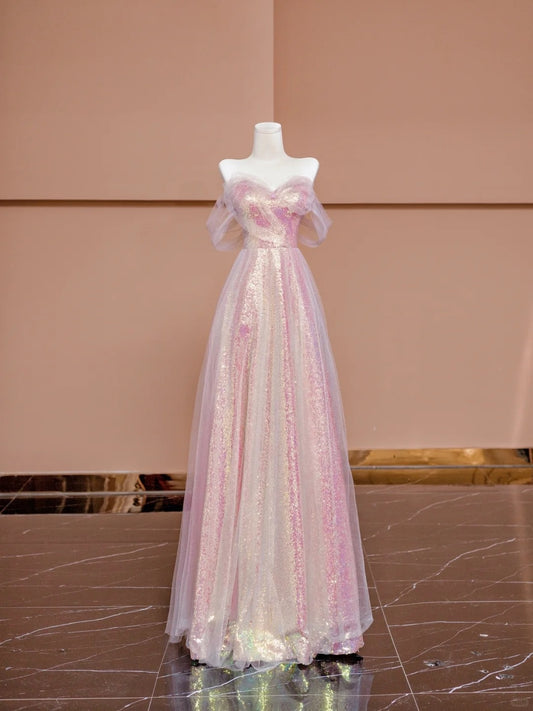 Sweet A-line Off-Shoulder Evening Gowns Sequin Tulle Pink Prom Dress AP2353