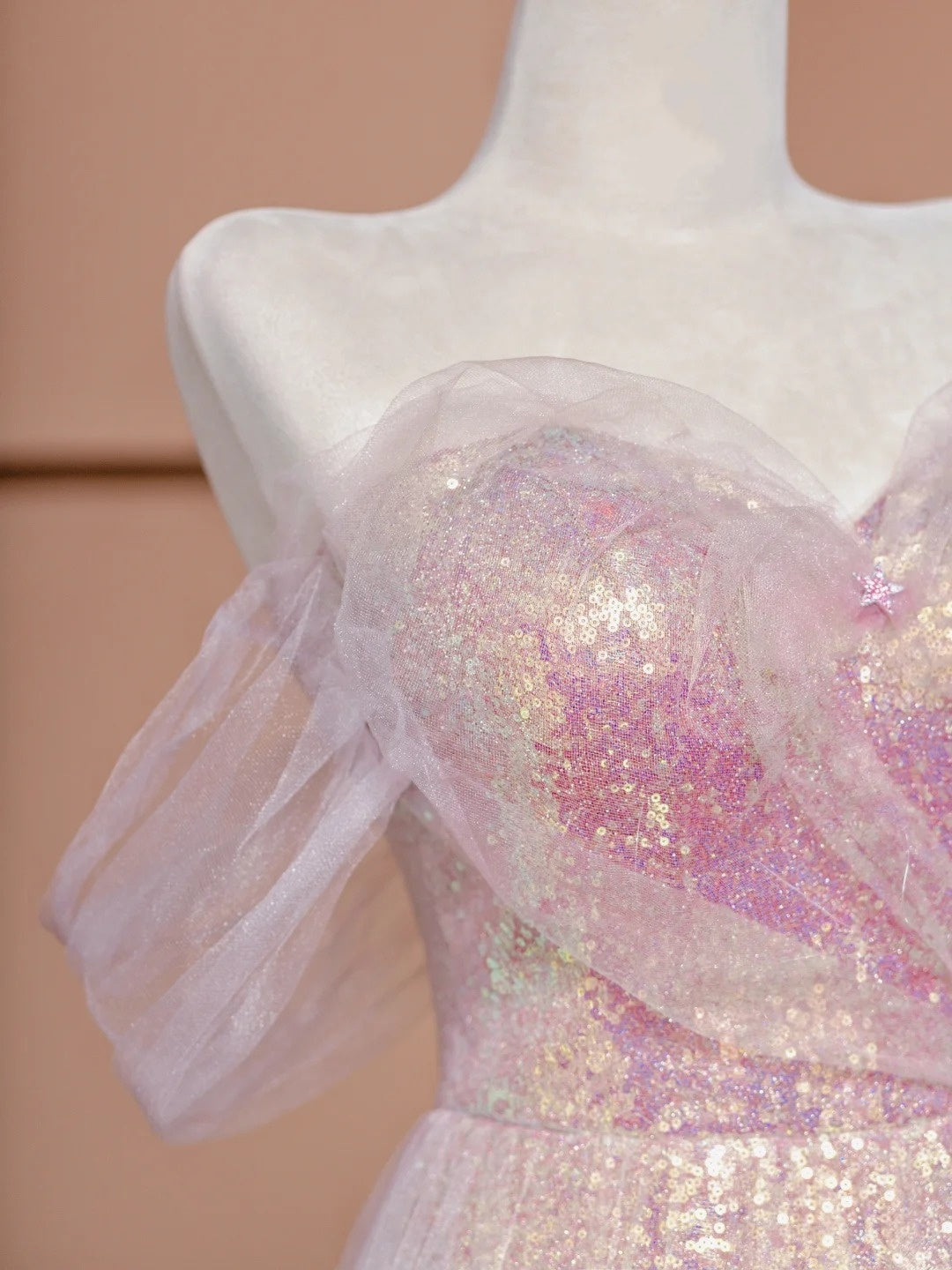 Sweet A-line Off-Shoulder Evening Gowns Sequin Tulle Pink Prom Dress AP2353