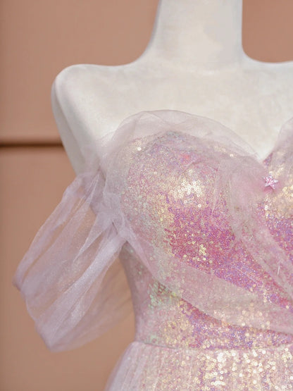 Sweet A-line Off-Shoulder Evening Gowns Sequin Tulle Pink Prom Dress AP2353