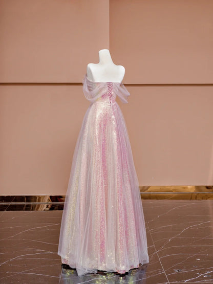 Sweet A-line Off-Shoulder Evening Gowns Sequin Tulle Pink Prom Dress AP2353