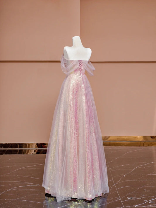 Sweet A-line Off-Shoulder Evening Gowns Sequin Tulle Pink Prom Dress AP2353