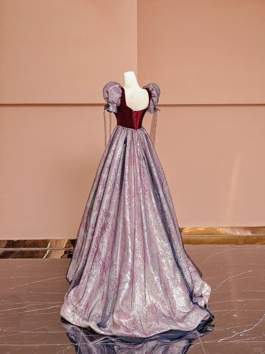 Charming A-Line Square Neck Formal Dresses Puffy Short Sleeve Tulle Bow Long Prom Dress AP2354