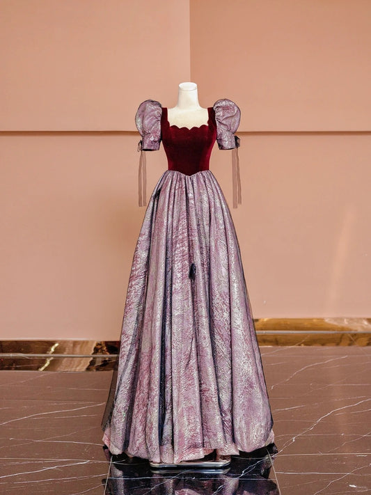 Charming A-Line Square Neck Formal Dresses Puffy Short Sleeve Tulle Bow Long Prom Dress AP2354