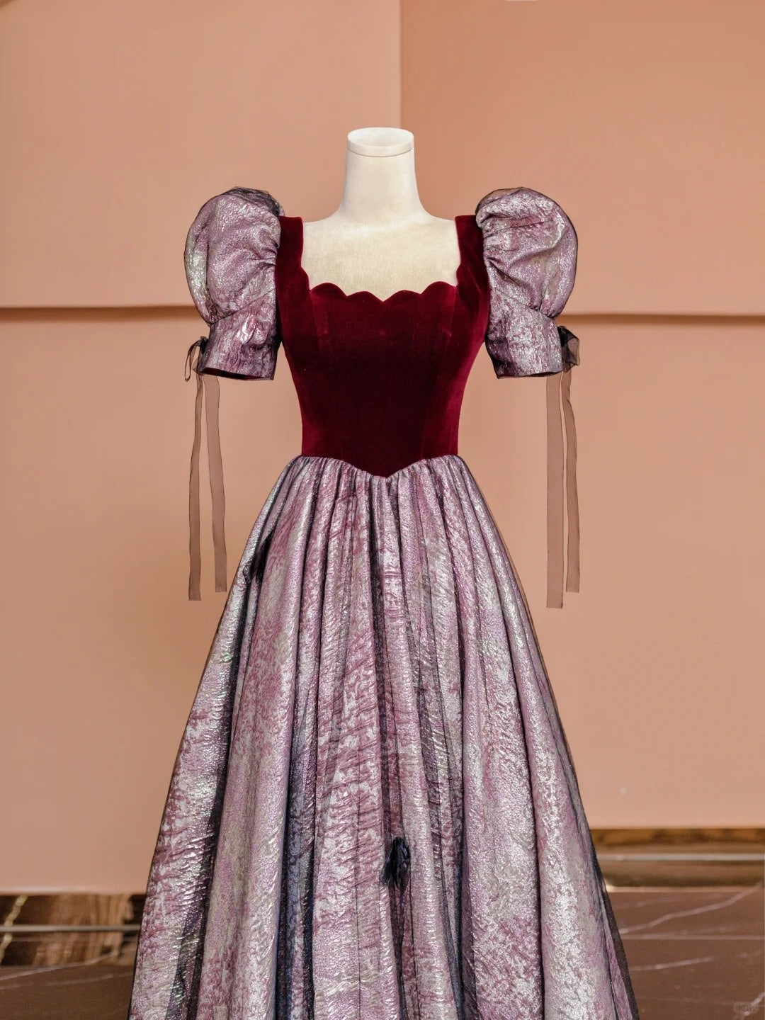 Charming A-Line Square Neck Formal Dresses Puffy Short Sleeve Tulle Bow Long Prom Dress AP2354