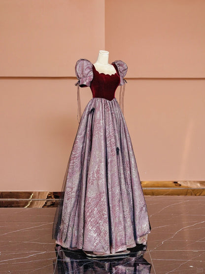 Charming A-Line Square Neck Formal Dresses Puffy Short Sleeve Tulle Bow Long Prom Dress AP2354