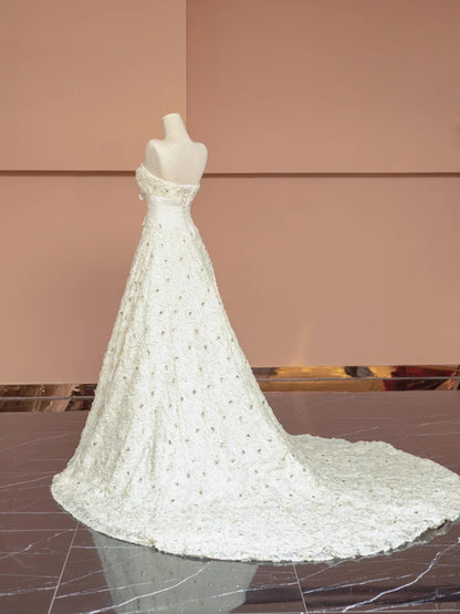 Chic Strapless A-Line Evening Gowns Bow Textured Floral Crystals Prom Dress AP2356