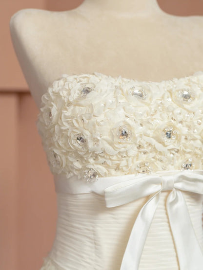 Chic Strapless A-Line Evening Gowns Bow Textured Floral Crystals Prom Dress AP2356