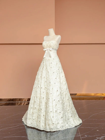 Chic Strapless A-Line Evening Gowns Bow Textured Floral Crystals Prom Dress AP2356