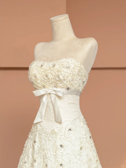 Chic Strapless A-Line Evening Gowns Bow Textured Floral Crystals Prom Dress AP2356