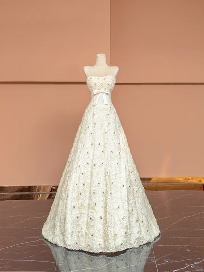 Chic Strapless A-Line Evening Gowns Bow Textured Floral Crystals Prom Dress AP2356