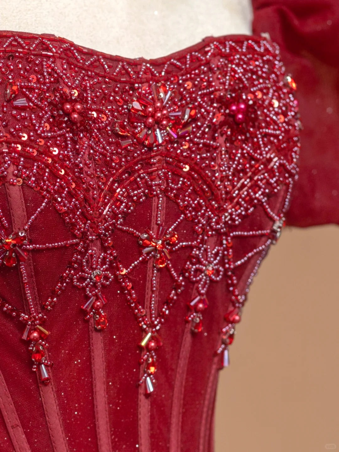 Red A-Line Square Neck Formal Dresses Sequins Beading Puffy Short Sleeve Long Prom Dress AP2357