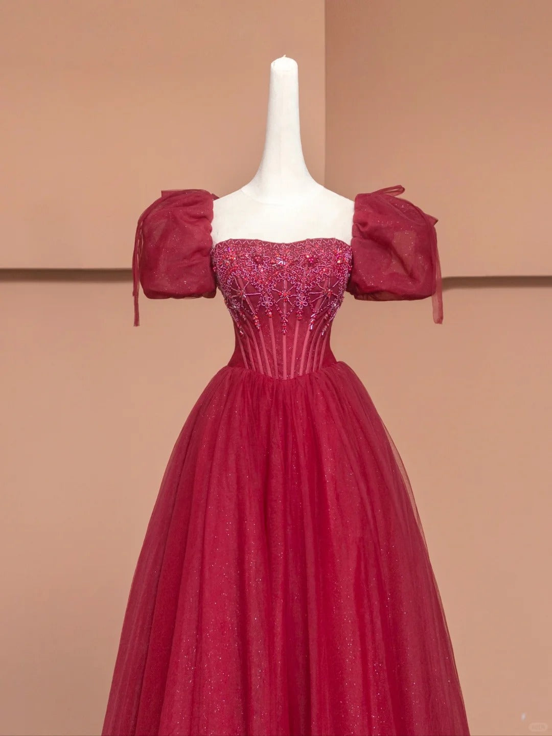 Red A-Line Square Neck Formal Dresses Sequins Beading Puffy Short Sleeve Long Prom Dress AP2357