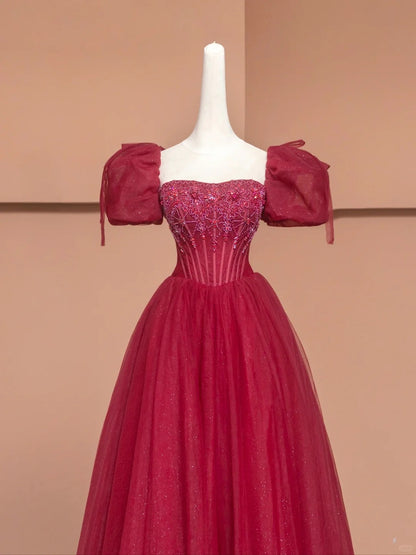 Red A-Line Square Neck Formal Dresses Sequins Beading Puffy Short Sleeve Long Prom Dress AP2357