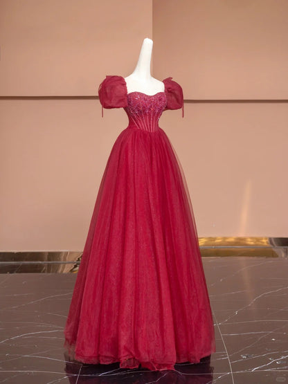 Red A-Line Square Neck Formal Dresses Sequins Beading Puffy Short Sleeve Long Prom Dress AP2357