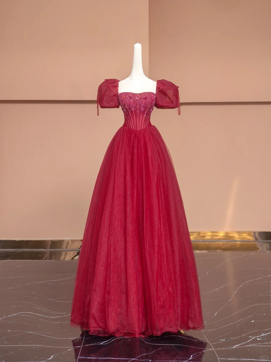 Red A-Line Square Neck Formal Dresses Sequins Beading Puffy Short Sleeve Long Prom Dress AP2357