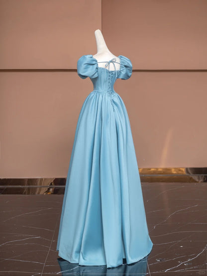 Glamorous Sweetheart Neck A-Line Formal Dresses Short Sleeve Pearl Crystal Blue Prom Dress AP2358