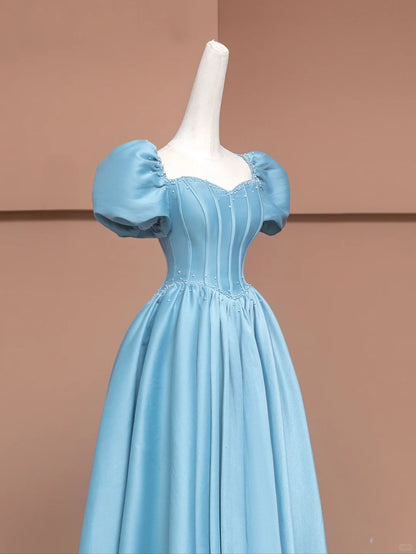 Glamorous Sweetheart Neck A-Line Formal Dresses Short Sleeve Pearl Crystal Blue Prom Dress AP2358