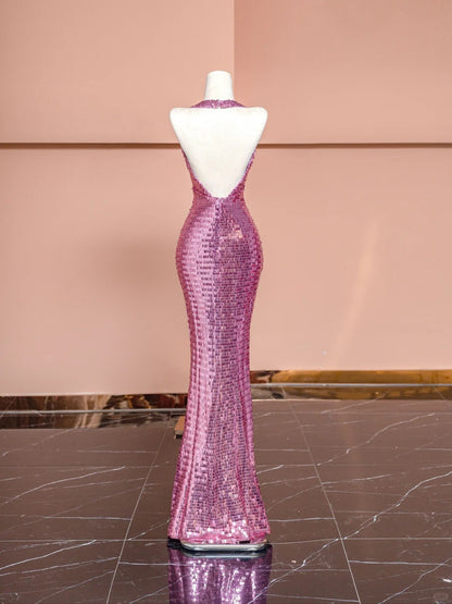 Alluring Halter Neck Evening Gowns With Slit Sequins Mermaid Backless Prom Dress AP2359
