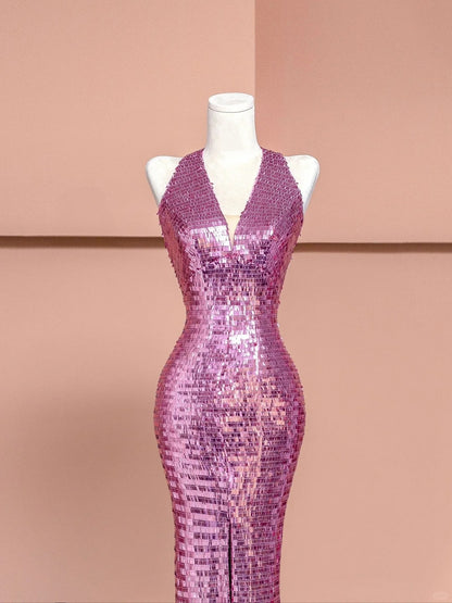 Alluring Halter Neck Evening Gowns With Slit Sequins Mermaid Backless Prom Dress AP2359