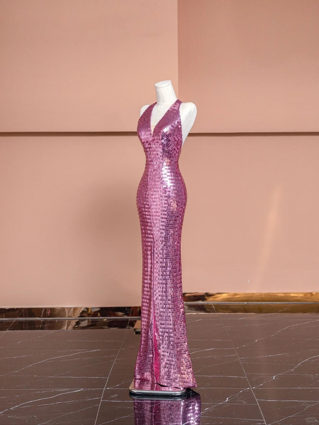 Alluring Halter Neck Evening Gowns With Slit Sequins Mermaid Backless Prom Dress AP2359