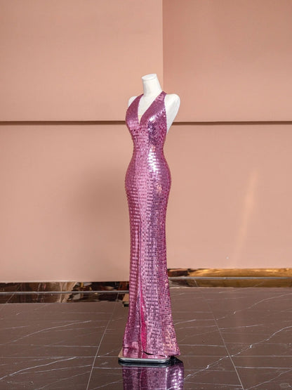 Alluring Halter Neck Evening Gowns With Slit Sequins Mermaid Backless Prom Dress AP2359