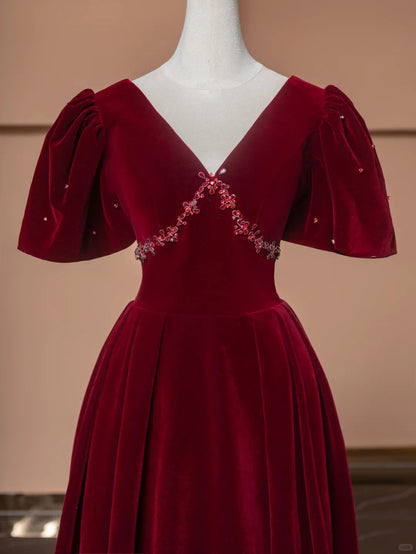 Fabulous Red A-Line V Neck Formal Dresses Beading Velvet Short Sleeve Prom Dress AP2360