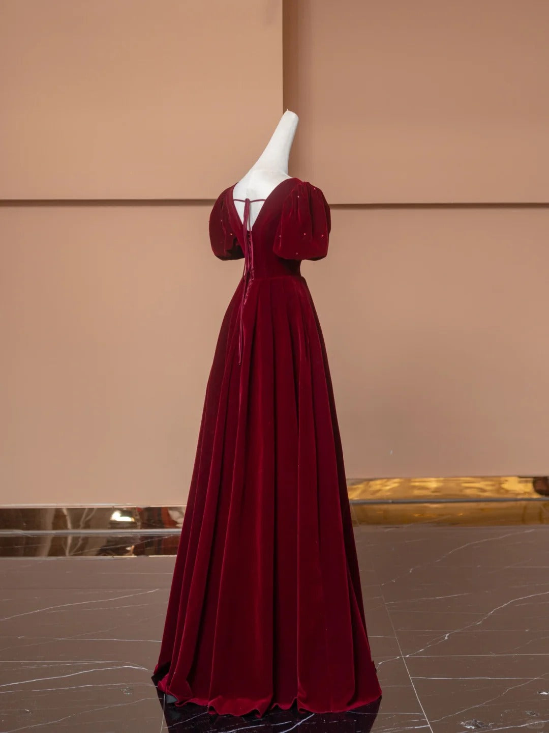 Fabulous Red A-Line V Neck Formal Dresses Beading Velvet Short Sleeve Prom Dress AP2360