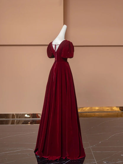 Fabulous Red A-Line V Neck Formal Dresses Beading Velvet Short Sleeve Prom Dress AP2360