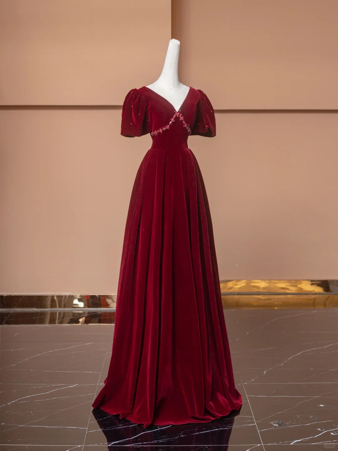 Fabulous Red A-Line V Neck Formal Dresses Beading Velvet Short Sleeve Prom Dress AP2360