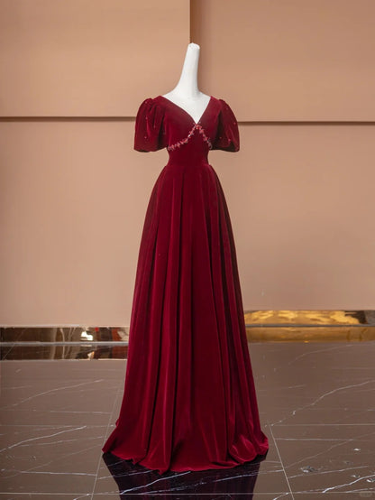 Fabulous Red A-Line V Neck Formal Dresses Beading Velvet Short Sleeve Prom Dress AP2360