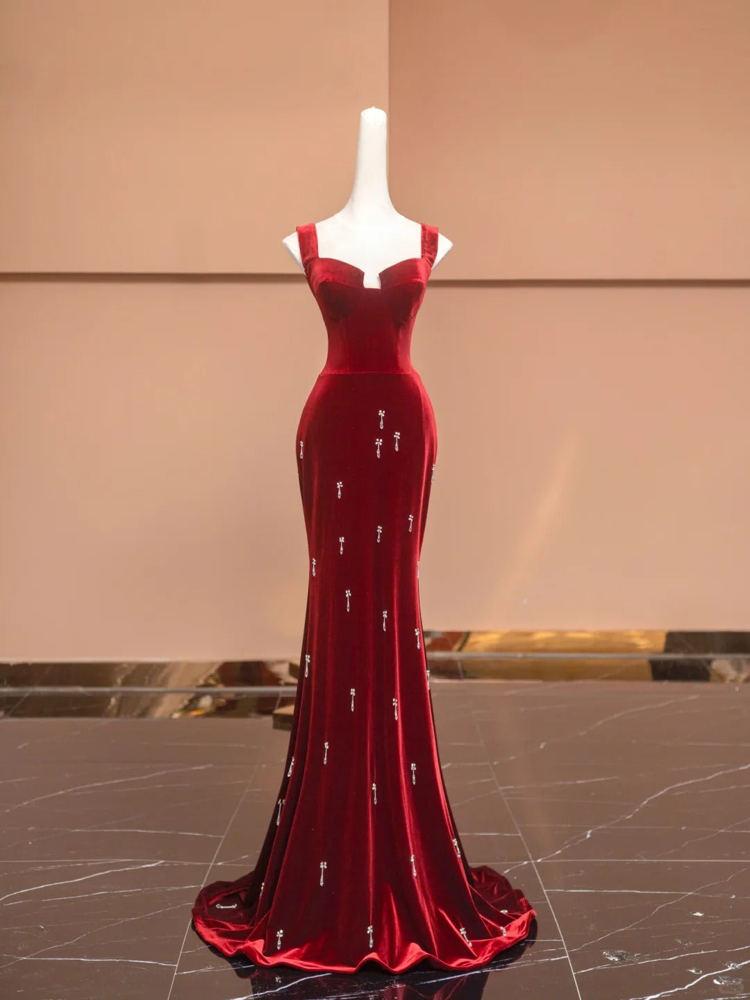 Vintage Square Neck Mermaid Formal Dresses Beading Crystals Red Velvet Prom Dress AP2361