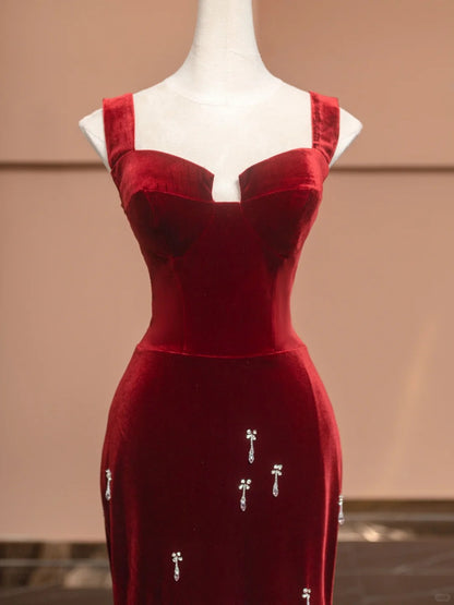 Vintage Square Neck Mermaid Formal Dresses Beading Crystals Red Velvet Prom Dress AP2361