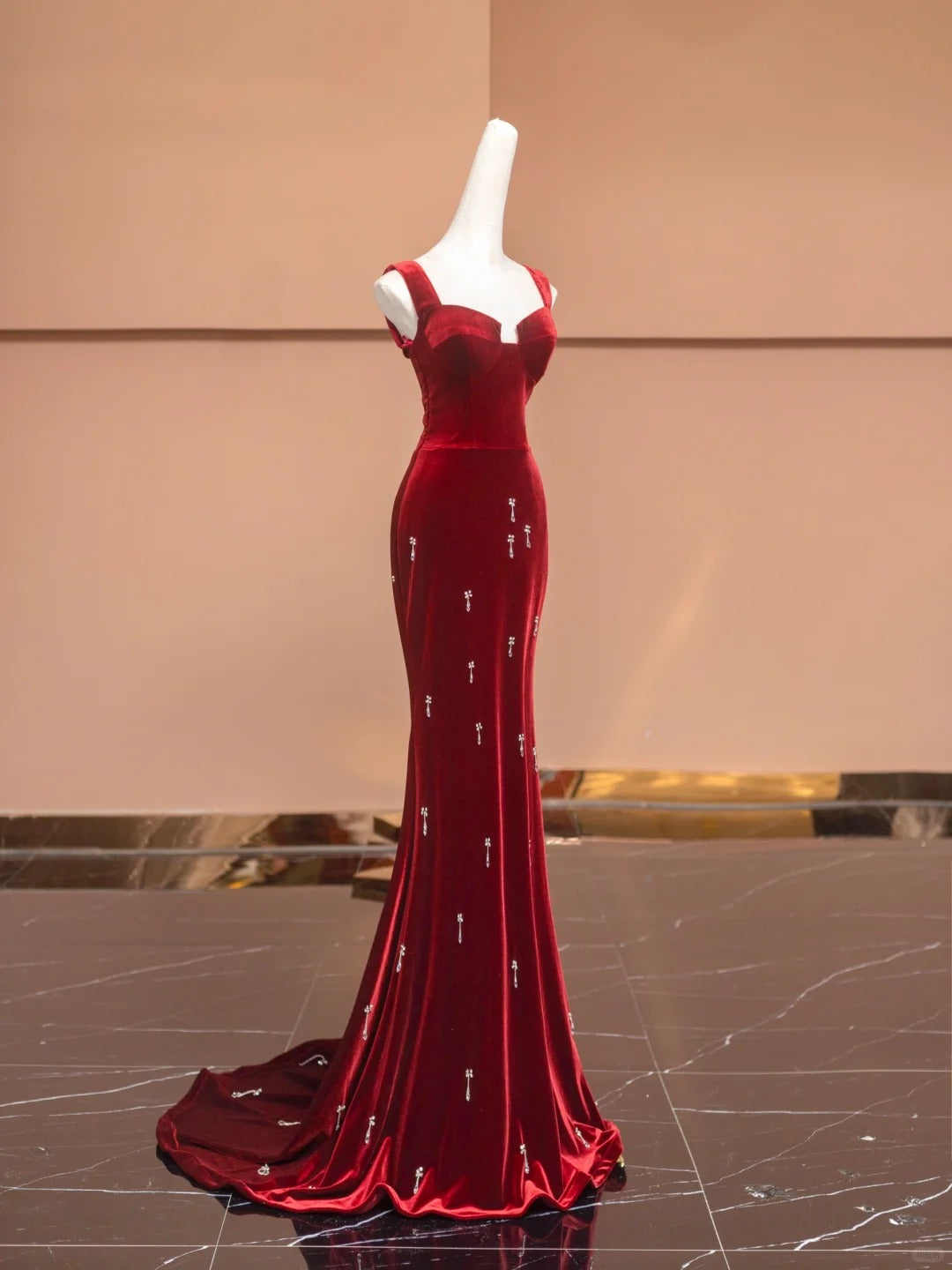 Vintage Square Neck Mermaid Formal Dresses Beading Crystals Red Velvet Prom Dress AP2361
