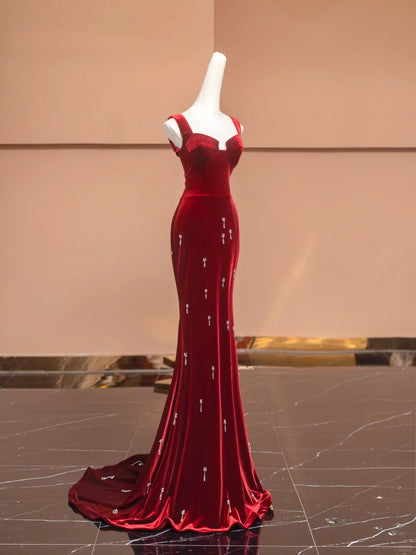 Vintage Square Neck Mermaid Formal Dresses Beading Crystals Red Velvet Prom Dress AP2361