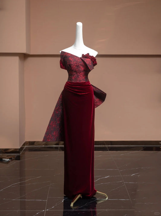 Elegant Strapless Sheath Evening Gowns Red Handmade Flowers Pleated Prom Dress AP2362