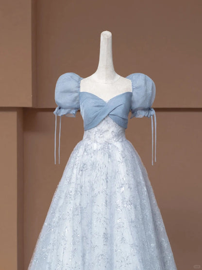 Chic Sweetheart Neck A-Line Formal Dresses Puffy Short Sleeve Sequins Tulle Blue Prom Dress AP2364