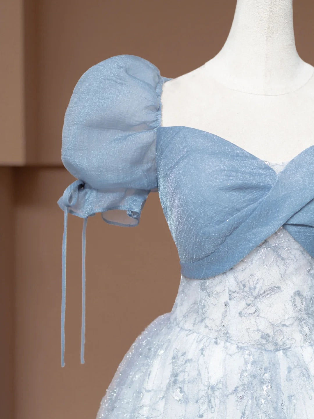 Chic Sweetheart Neck A-Line Formal Dresses Puffy Short Sleeve Sequins Tulle Blue Prom Dress AP2364