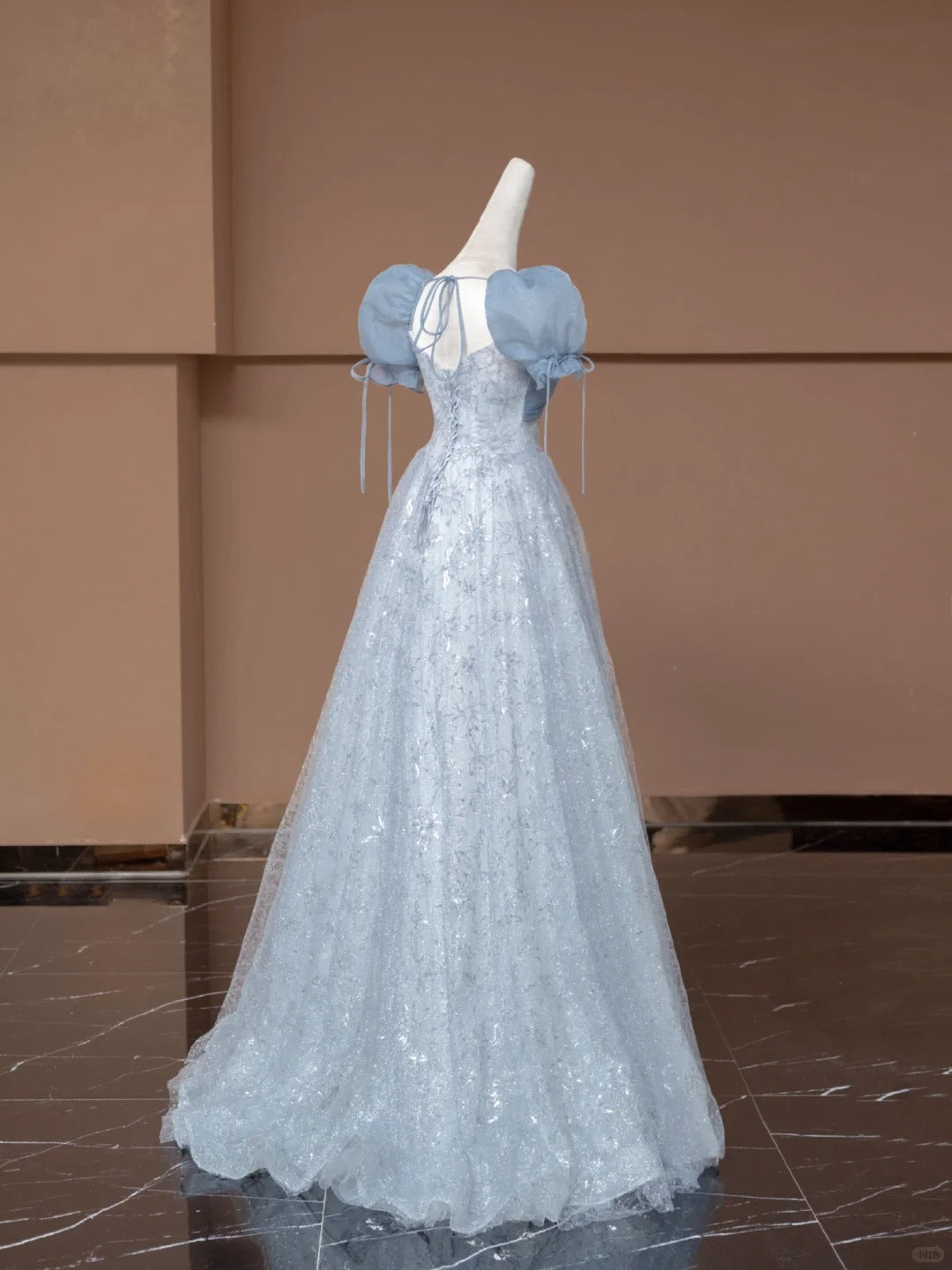 Chic Sweetheart Neck A-Line Formal Dresses Puffy Short Sleeve Sequins Tulle Blue Prom Dress AP2364