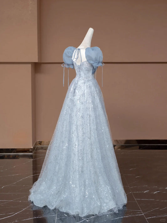 Chic Sweetheart Neck A-Line Formal Dresses Puffy Short Sleeve Sequins Tulle Blue Prom Dress AP2364