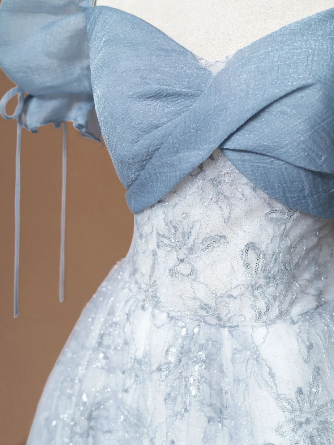 Chic Sweetheart Neck A-Line Formal Dresses Puffy Short Sleeve Sequins Tulle Blue Prom Dress AP2364